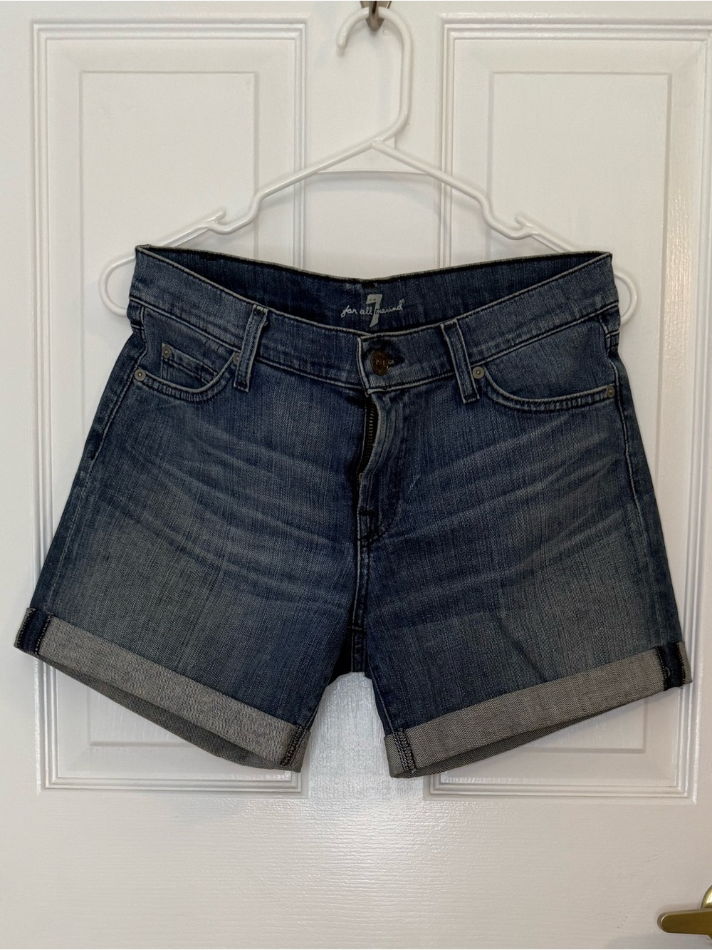 7 For All Mankind Dark Blue Rolled-Hem Denim Shorts